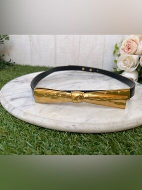 Black Leather Belt with Gold Bow Buckle size 6